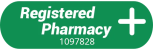 Green rounded rectangle with white text that reads "Registered Pharmacy" and a plus sign. Below this is the number 1097828 which is Millenium Pharmacy's general pharmaceutical council number.